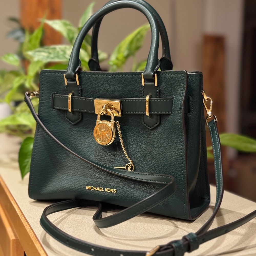 Michael Kors Dark Green Satchel with Gold Accents
